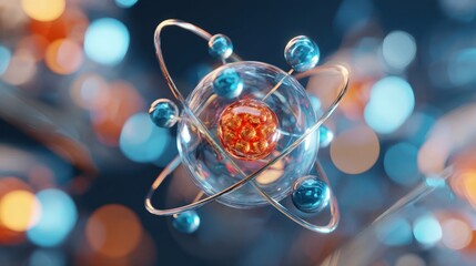 The Atom Model with Glowing Nucleus and Orbiting Electrons in Bokeh Lights