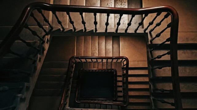An old ornate spiral staircase with a vintage wooden banister leading down into darkness