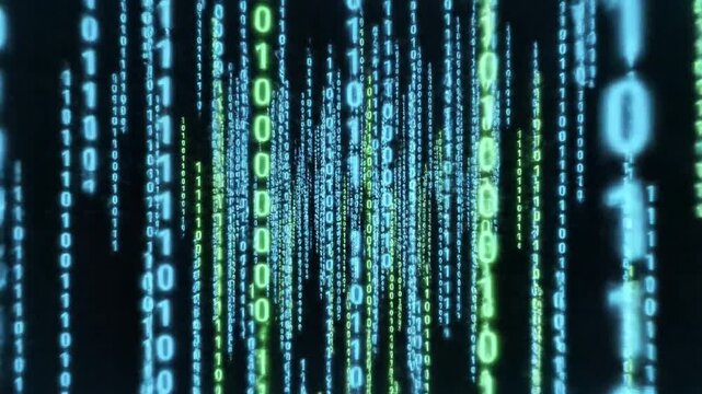 Binary code matrix background with glowing numbers and digits.