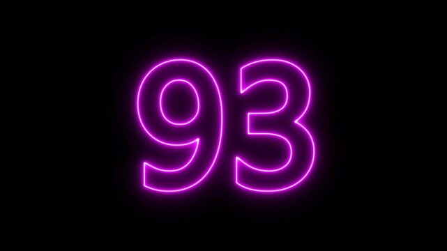 glowing neon text 93 number countdown icon. flickering neon number 93 on black background.