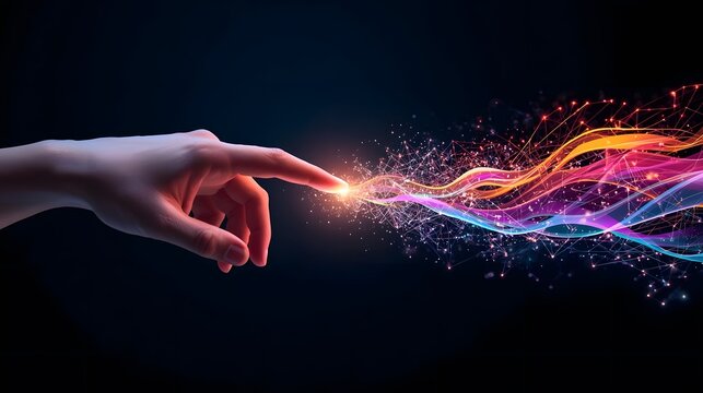 Abstract connection of human touch and digital energy flow, symbolizing innovation, technological advancement, and the future of interaction in a dynamic, luminous display