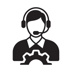 Support representative with headset and gears a symbol of technical assistance