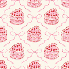 Coquette seamless pattern with hand drawn ribbons and bows, heart shaped cakes and cherry. Cute vintage print. Preppy girly background for Valentine's day, wedding, birthday, wrapping paper.