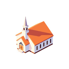 Isometric illustration of a white church with an orange roof and steeple, set against a clean white background, conveying a sense of serenity and simplicity.
