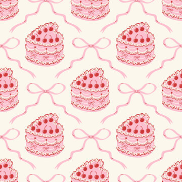 Coquette seamless pattern with hand drawn ribbons and bows, heart shaped cakes and cherry. Cute vintage print. Preppy girly background for Valentine's day, wedding, birthday, wrapping paper.