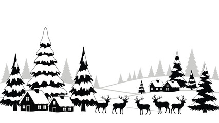A winter scene with a village deer and snow covered evergreen trees