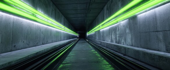 Obraz premium The Tunnel with Futuristic Green Neon Lights and Reflective Wet Concrete