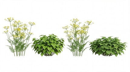 Three green plants with yellow flowers isolated on white background for decoration or gardening purposes easily