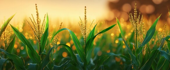 Fototapeta premium The sorghum plants in a golden field at sunset with soft bokeh light