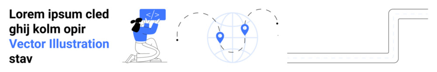 Software development, global networking, digital map, coding, programming, data visualization. Image includes a person coding, a globe with location points and a connecting circuit line. Software