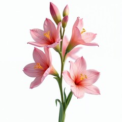 Fototapeta premium Pink freesia flowers bloom with buds against white backdrop. Delicate petals show intricate lines and yellow stamens. Stem with green leaves adds natural detail.
