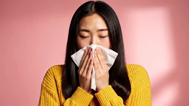 Ill young asian woman sneezing and blowing her nose into a paper tissue, suffering from seasonal influenza, a cold or an allergy, looking unwell and miserable against a pink studio background
