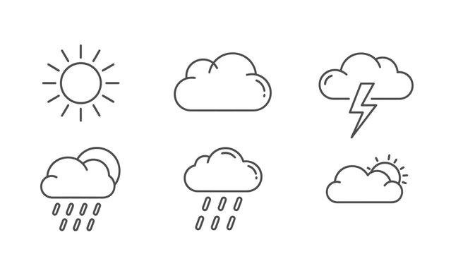 Collection of simple black outline icons illustrating various meteorological conditions like sun, clouds, rain, and thunderstorms for forecasting.