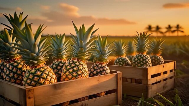 Pineapples stacked in crates at sunset on a farm, tropical agriculture footage with warm golden light.
