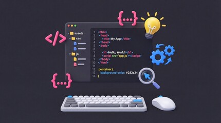 Colorful coding and programming icons isolated on white background with keyboard and mouse