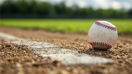 The baseball resting on the infield dirt near the baseline at sunset