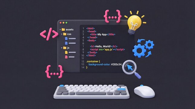 Colorful coding and programming icons isolated on white background with keyboard and mouse