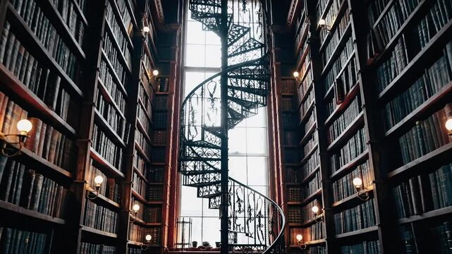 A grand spiral staircase ascends between towering, ancient bookshelves in a library, illuminated by warm light