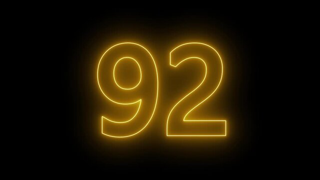 glowing neon text 92 number countdown icon. flickering neon number 92 on black background.