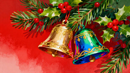 Two decorative Christmas bells hanging from holly and pine branches against a red background