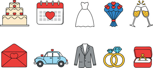 Elegant wedding and marriage vector icon set featuring a multi-tiered cake, bridal dress, diamond rings, groom suit, champagne toast, and romantic car illustration.