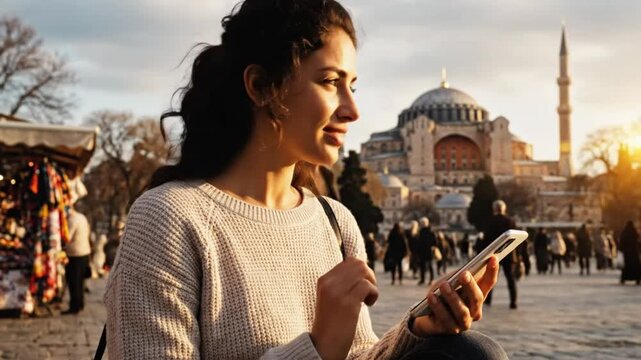 Woman using phone while sightseeing, admiring the historic landmark of the Hagia Sophia Mosque in Istanbul, Turkey