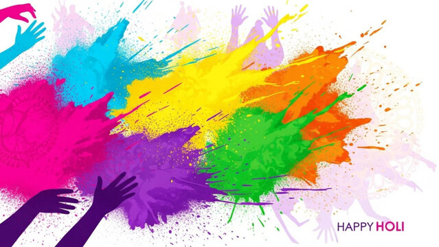 Vibrant holi celebration with colorful powder exploding in air and hands raised in joy on white background with festival and throwing and happiness