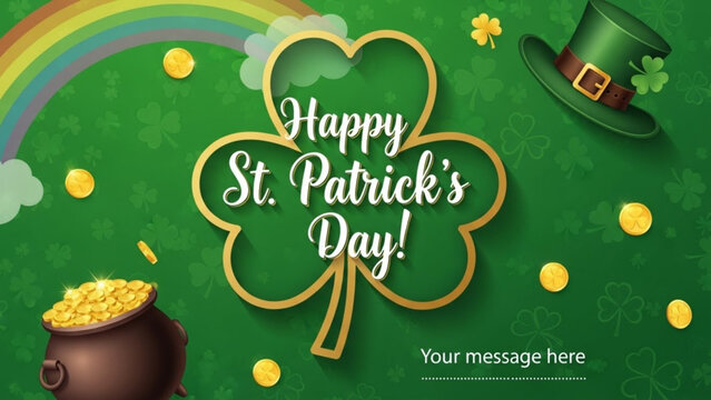 St patrick's day celebration with shamrock pot of gold rainbow and leprechaun hat on green background with St Patrick s Day and festive and luck