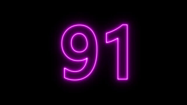 glowing neon text 91 number countdown icon. flickering neon number 91 on black background.