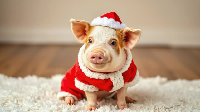 Adorable mini piglet dressed as Santa Claus sitting on a fluffy white rug for Christmas holiday concept and festive celebration
