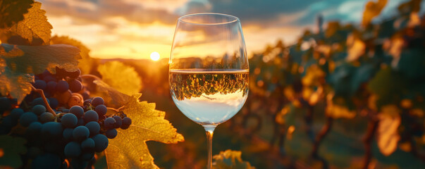 Obraz premium Scenic Vineyard Sunset with Glass of White Wine and Grapes