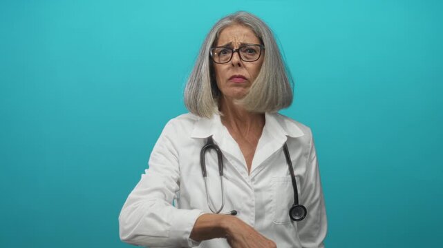 Woman doctor in white coat with stethoscope points finger toward camera in turquoise studio, grey hair and glasses; authority.