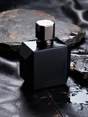 Luxury Black Perfume Bottle on Wet Stones and Leather Background
