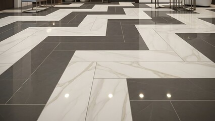 Modern black and white marble chevron herringbone floor