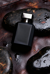 Luxury Black Perfume Bottle on Wet Stones and Leather Background