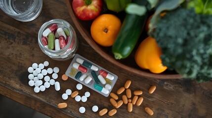 An overhead shot on a wooden table features a glass jar and a pill organizer filled with colorful capsules, scattered loose tablets, and a bowl of fresh fruits and vegetables like oranges and broccol