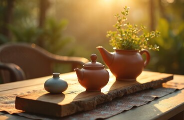 Two clay teapots and a small vase sit on a wooden board. A green plant grows from one pot. Golden hour sunlight illuminates the scene. This depicts a peaceful, traditional tea setting in nature.
