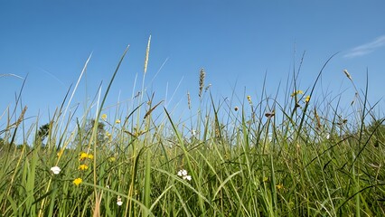 Fototapeta premium Close-up view of a sunlit meadow filled with wild grasses and small flowers under a clear blue sky