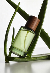 Natural Aloe Vera Cosmetic Serum in Green Bottle with Wooden Cap