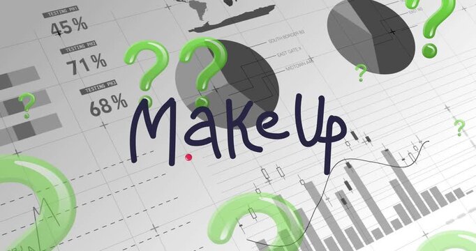 Animation of make up text over data processing and question marks