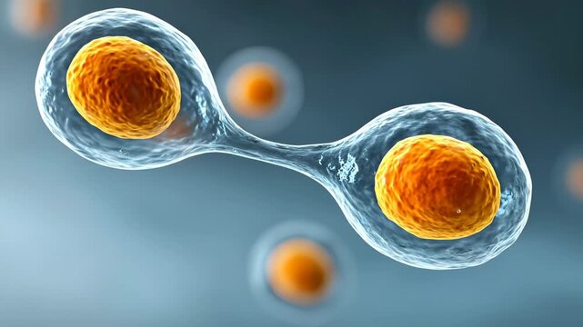 Detailed microscopic view of cell division, a scientific animation showing the process of cytokinesis and mitosis where one cell splits into two identical daughter cells for growth and reproduction