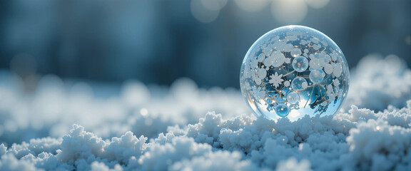Frozen Soap Bubble Covered in Frost Crystals on Snowy Winter Background