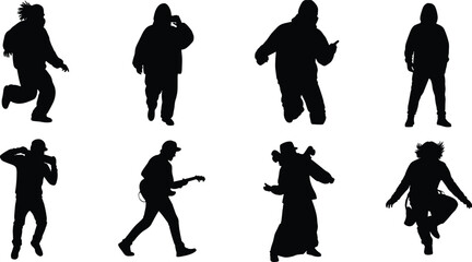 Black silhouettes of energetic people featuring dynamic poses like jumping, dancing, playing guitar, and urban street performers for creative lifestyle projects