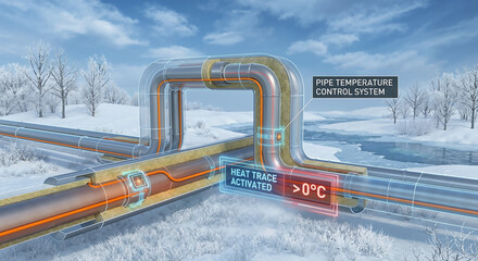 Smart pipe temperature control system with activated heat trace in winter. Industrial heating technology for frost protection of outdoor pipelines in snow.