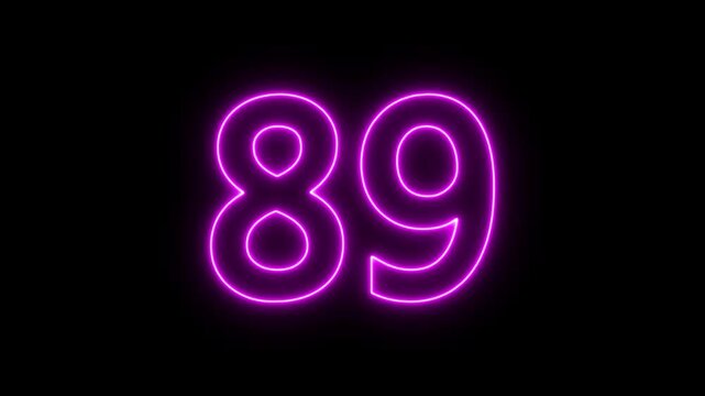 glowing neon text 89 number countdown icon. flickering neon number 89 on black background.