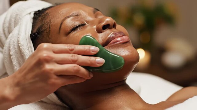Close up of an African American woman receiving a facial gua sha massage at a luxury spa for natural beauty concept and glowing skin