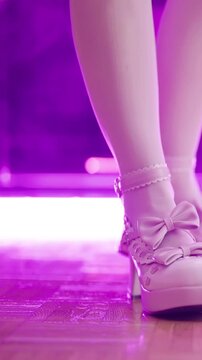 Maid wearing pink lolita platform shoes sweeping home floor close-up