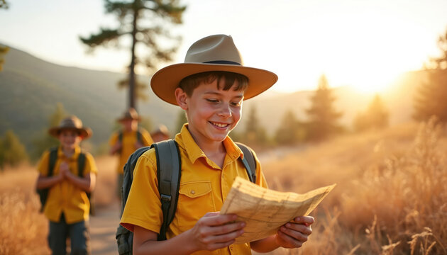 Boy scout looks at map leading group of scouts. Children hike through nature. Scouts use map in sunny forest to find their way. Concept of youth outdoors adventures.