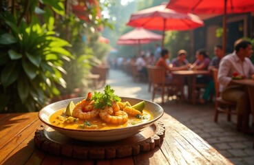 Outdoor setting features tasty amok curry shrimp meal on table. People sit under red umbrellas dining at eatery. Focus is on traditional cambodian cuisine dish with coconut milk.