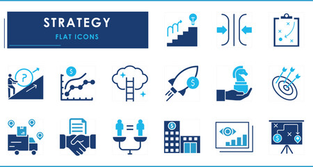 A set of flat icons related to Strategy. Plan, policy, way, business, challenges, success, growth, process, and so on.